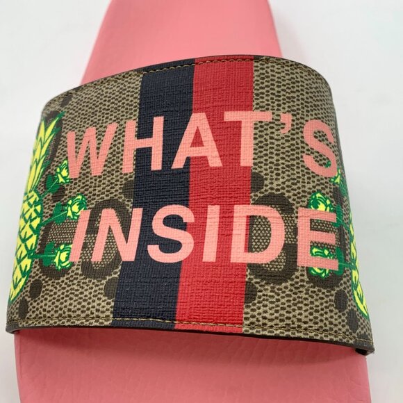 Gucci Pink Slide Sandals With Pineapple Print Strap & "Whats Inside" Design - Picture 6 of 9